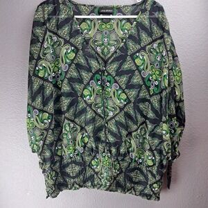 Lane Bryant Womens Plus Size 14/16 Green Paisley Blouse Button Front 3/4 Sleeve